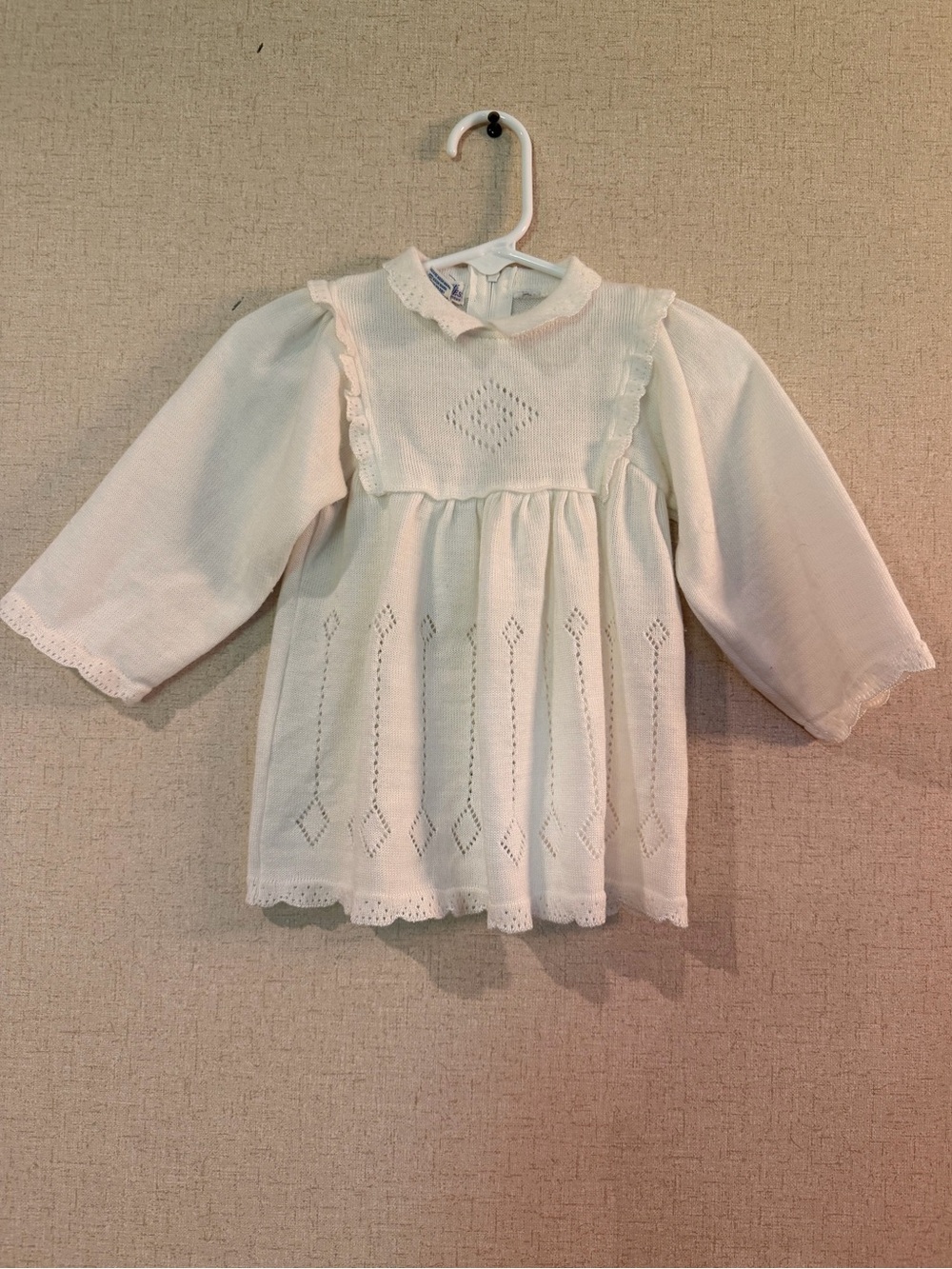 Vintage White Pointelle Knit Baby Dress - Ruffle Collar & Long Sleeves
